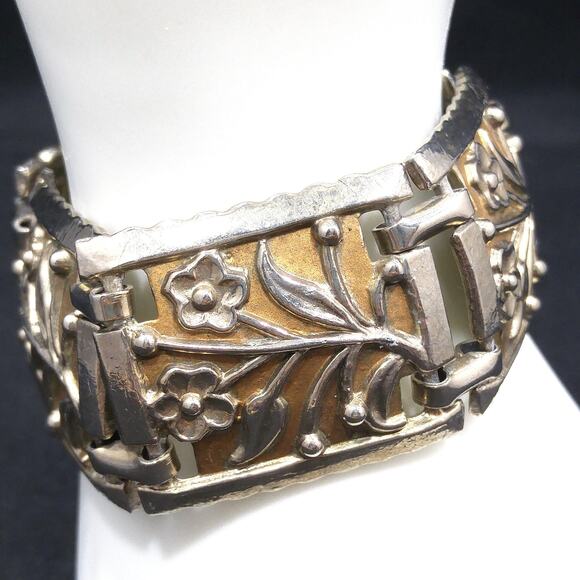 Vintage Floral Enamel Wide Link Bracelet, 1950s Gold Plated, 7 Inches - Picture 1 of 10